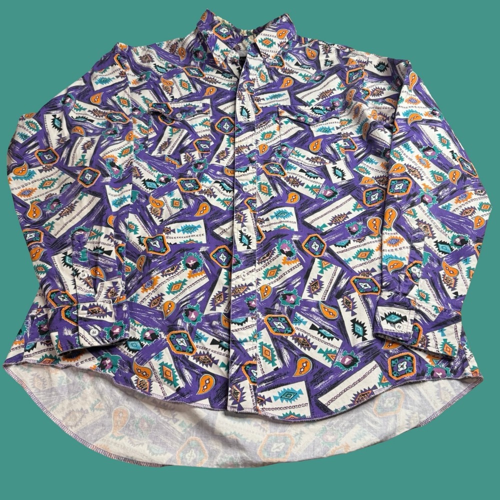 Wrangler Mens 17-35 Long Tail Purple Cowboy Cut Abstract Rodeo Paisley Shirt
